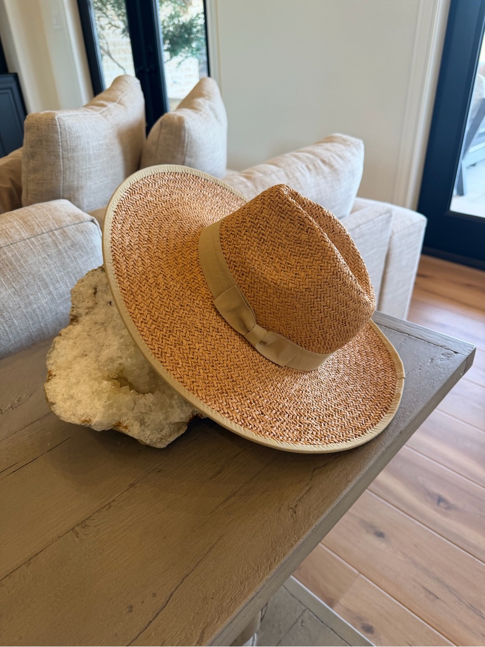 NWT Olive & Pique Straw Sun Hat Neutral Band Wide Brim Beach Vacation Adjustable